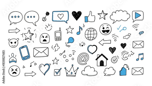 Collection of social media icons and symbols, hand-drawn doodle style