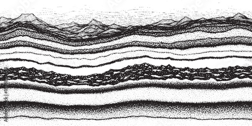 Abstract geological strata layers with mountain peaks in the background.