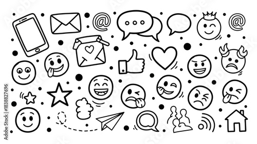 Social Media and Communication Doodle Icons Set: Mobile, Email, Chat, Emojis, and More