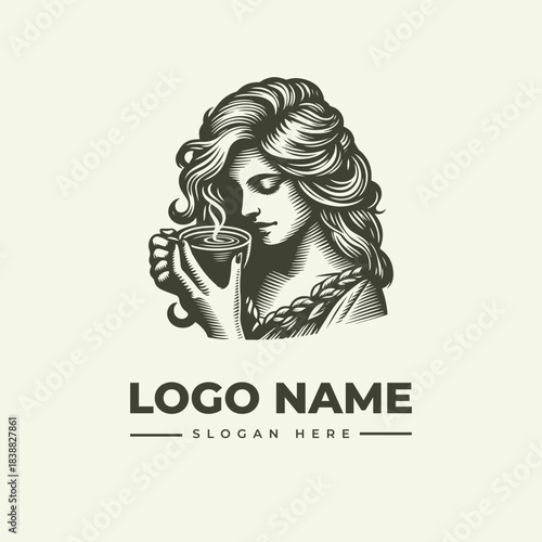 Engraving style vector illustration of woman enjoying hot drink logo design with elegant hair and steam details