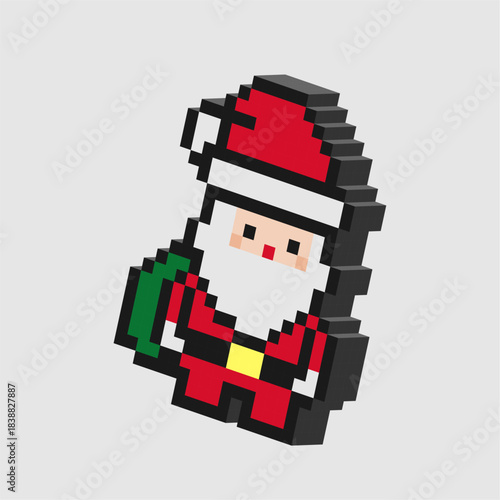 Retro Santa with Gift Design in Isometric Pixel Retro Style with Simple Shading