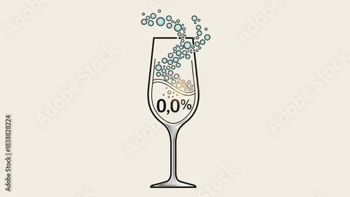 Champagne flute with 00 alcohol label sparkling bubbles rising concept for non alcoholic celebration