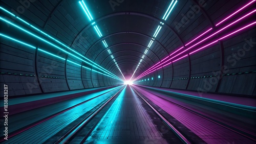 Futuristic tunnel with glowing neon light streaks in cyan and magenta, abstract dark environment with perspective leading to a bright light source at the end, highspeed motion concept
