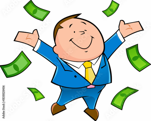 Joyful businessman celebrating success with money falling around him