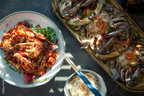 Two Styles of Korean Marinated Crabs Served with Steamed Rice