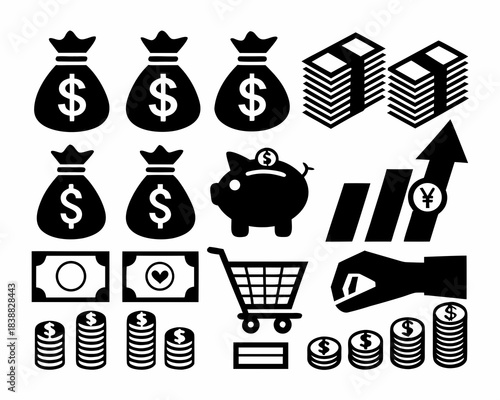 Financial icons depicting money bags stacks of cash and wealth accumulation