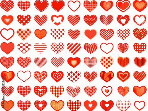 Collection of diverse red hearts with varying patterns and textures displayed