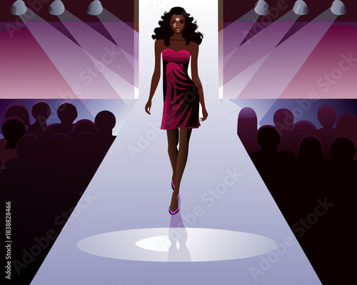 A fashion model walks the runway under bright spotlight illumination