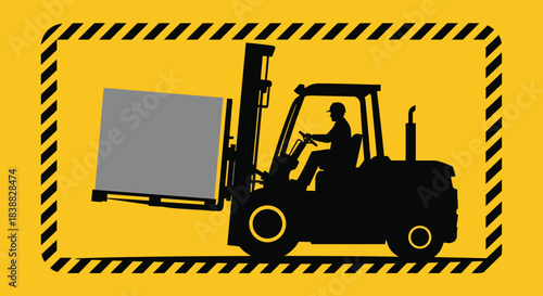 Silhouette illustration of a forklift with an operator lifting a gray crate, enclosed within a yellow and black striped hazard warning border, symbolizing industrial safety and warehouse operations.
