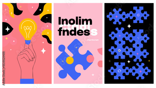 Creative abstract design featuring ideas puzzles and digital elements in pink and blue