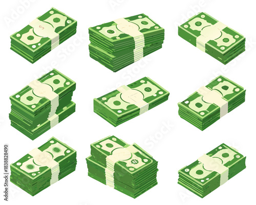 Isometric illustration of multiple stacks of one hundred dollar bills arranged on a dark background