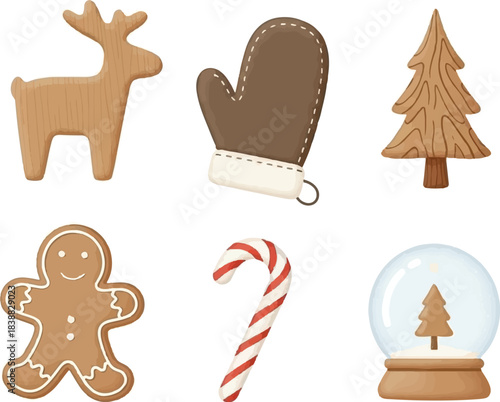Cute 3D Style Christmas and Winter Holiday Decorations: Reindeer, Gingerbread, and Snow Globe