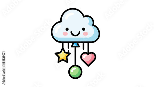Cute cloud baby mobile with star heart and ball kawaii illustration for nursery decor and childrens 