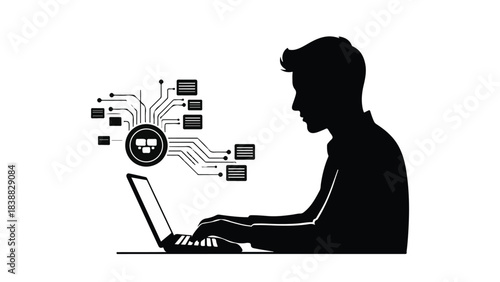 Silhouette of man working on laptop with digital network connections