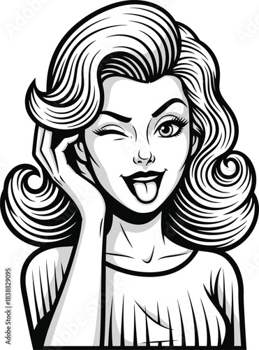 A black and white pop art illustration of a playful woman with retro wavy hair winking and sticking her tongue out.