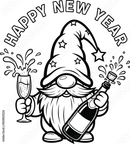 A cheerful cartoon gnome with a starpatterned hat holding a popping champagne bottle and a splashing flute.
