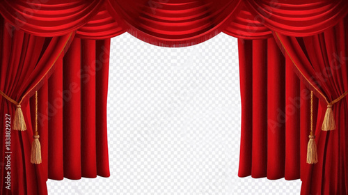 Create realistic vector EPS illustration of luxurious red velvet theater curtains opened dramatically on both sides