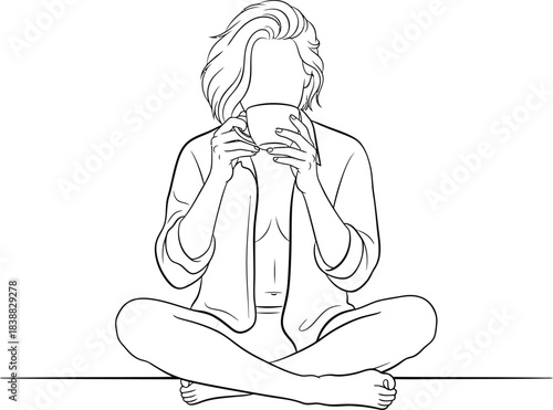 A minimalist line drawing of a faceless woman sitting crosslegged and holding a coffee mug.