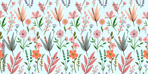 Seamless floral pattern with flowers and leaves for wallpaper and decoration. Seamless pattern suitable for fabric pattern. Hand painted floral background.