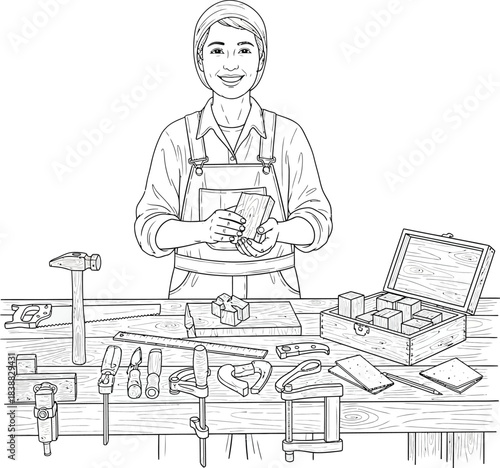 A smiling female woodworker in an apron at a workbench filled with hand tools a black and white line art illustration.