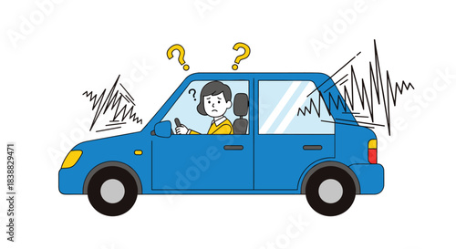 Vector illustration of a woman with a puzzled expression driving a blue car that is making strange noises, indicated by sound wave graphics and question marks, symbolizing car trouble.