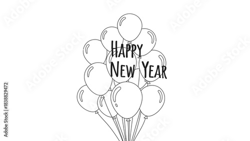Festive Happy New Year 2026 illustration featuring colorful balloons with bold ‘Happy New Year’ typography, perfect for holiday greeting cards, digital wallpapers, party invitations, social media post