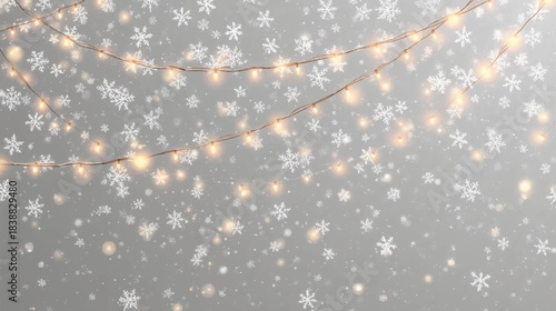 Festive winter background with falling snowflakes and warm glowing string lights.