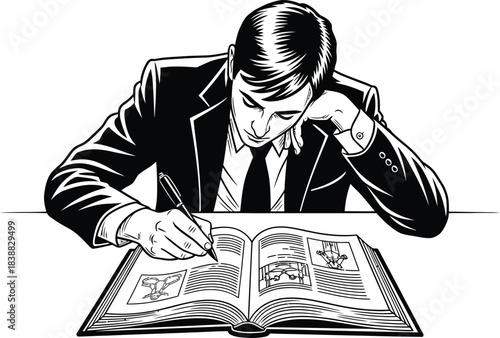 Black and white comic book style illustration of a man in a suit writing in an open graphic novel.