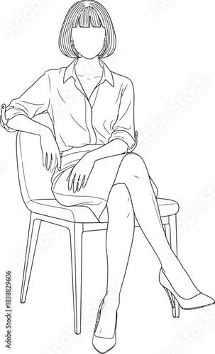 Black and white line art of a stylish faceless woman with a bob haircut sitting crosslegged on a chair.