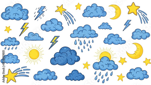 Collection of Cute Weather Icons, Clouds, Sun, Moon, Stars, and Lightning Bolts