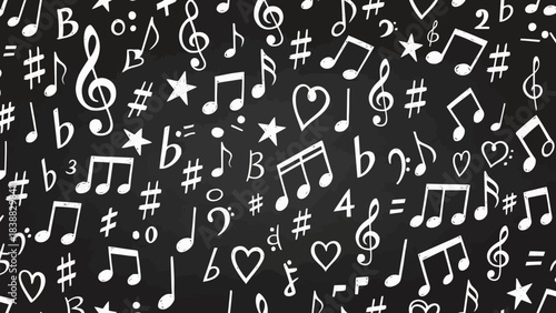 Seamless Pattern of White Hand-Drawn Music Notes and Symbols on a Black Chalkboard Background