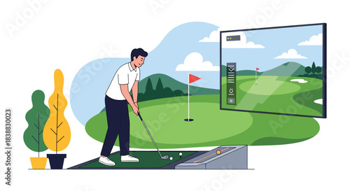Modern flat illustration of a man practicing his golf swing on an indoor putting green, using a golf simulator with a large screen displaying a virtual course for year-round training.