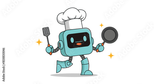 Adorable cartoon illustration of a happy, walking robot character wearing a chef's hat and holding a spatula and a frying pan, with sparkles indicating cooking magic and culinary skills.