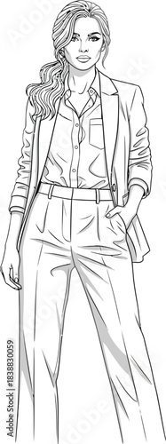 Detailed line art illustration of a confident young woman wearing a modern business pantsuit.