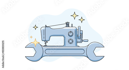 Illustration representing sewing machine repair and maintenance, featuring a classic sewing machine resting on a large wrench with sparkles to signify a successful fix and clean operation.
