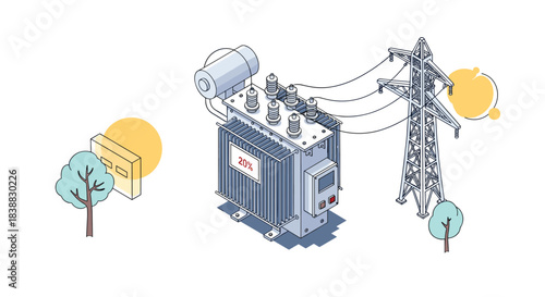 Isometric illustration of an electrical power grid system, showing a high-voltage transformer connected to a transmission tower and supplying electricity to a nearby house and tree.