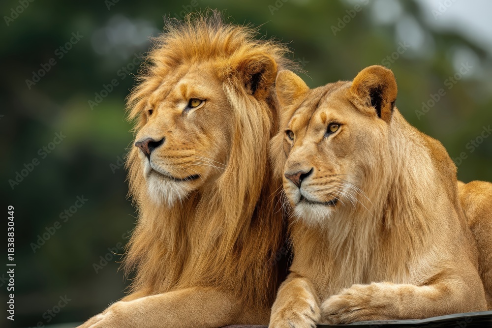 Fototapeta premium Dos leones descansando juntos, irradiando poder y serenidad.