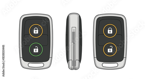 Multiple views of a modern car remote key fob, showing the front, side, and back, with lock and unlock buttons highlighted in orange and green circles for clear user interface design.