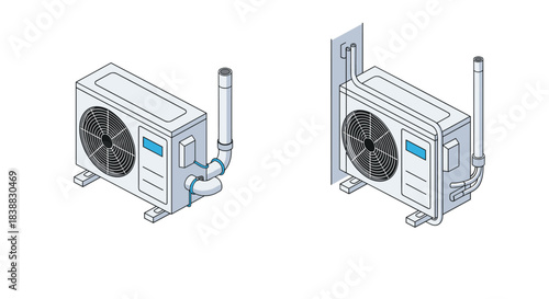 Isometric illustrations of an air conditioner outdoor unit, showing two variations of pipe installation: one with pipes going into the ground and another with pipes routed up a wall.
