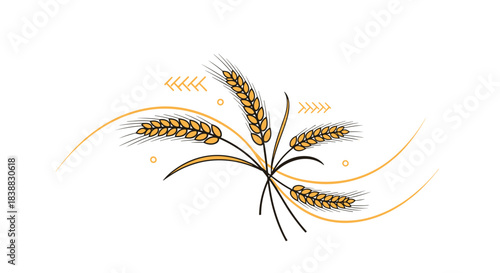 Elegant and stylized illustration of a bouquet of golden wheat ears with abstract lines and arrows, symbolizing agriculture, harvest, bakery, and natural organic products on a white background.
