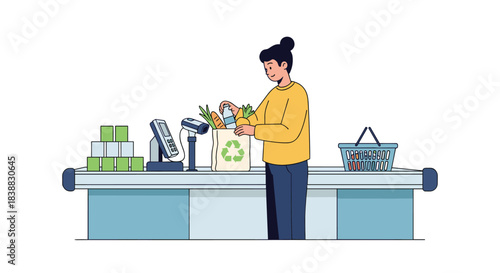 Illustration of a woman at a supermarket checkout counter packing groceries into a reusable bag with a green recycling symbol, promoting eco-friendly and sustainable shopping habits.