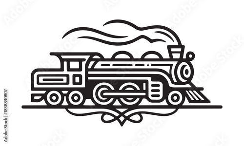 Classic locomotive train with smoke illustration in black and white line art style for vintage transportation design