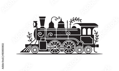 Vintage ornamental steam locomotive with delicate floral accents black and white vector illustration