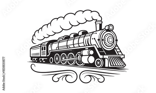 Classic steam locomotive with smoke cloud and decorative scrollwork black and white vector graphic