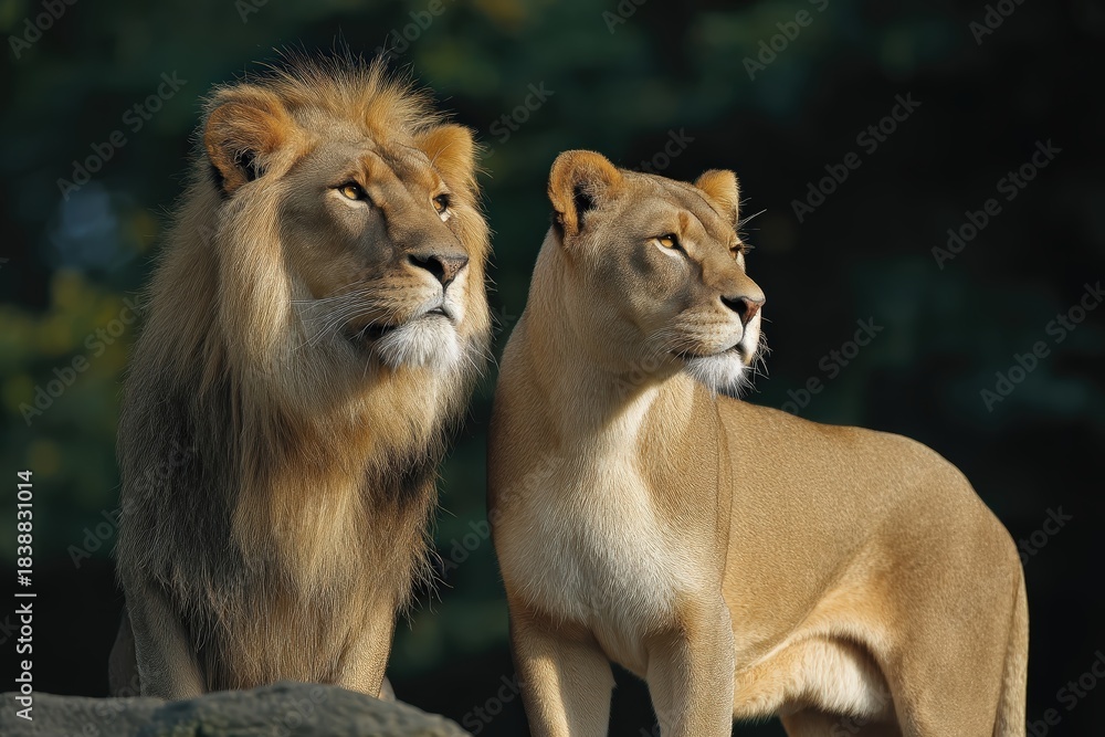 Obraz premium Un león macho y una leona observan el horizonte con intensidad.