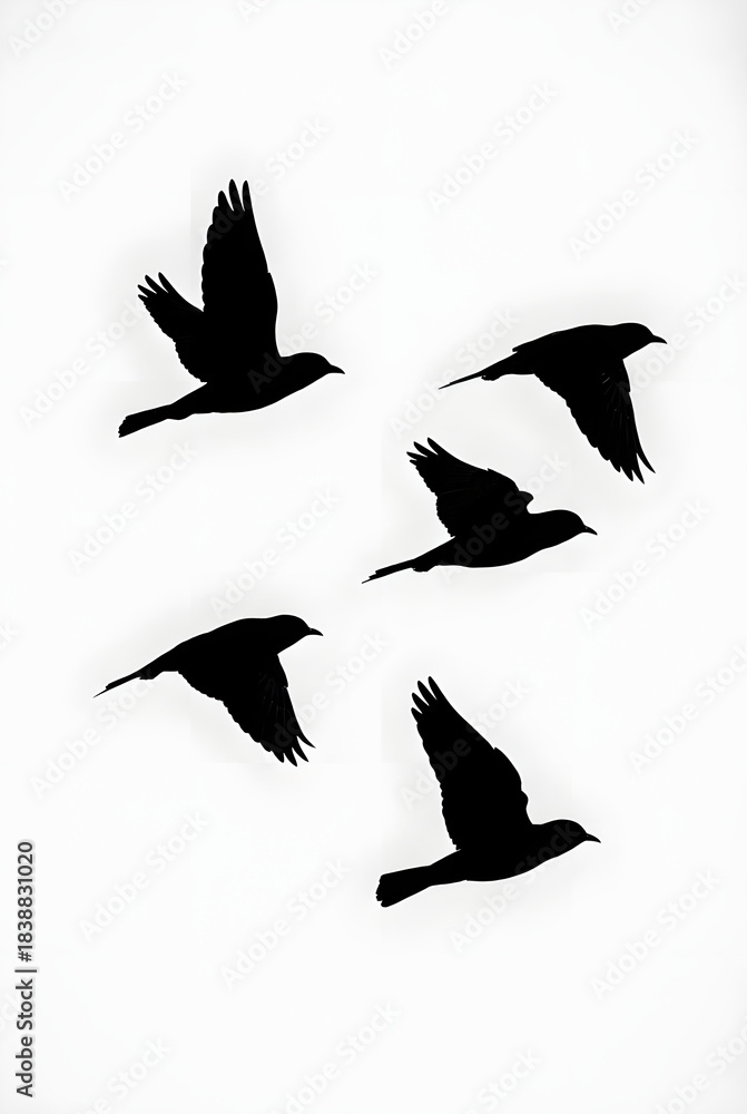 Fototapeta premium Flying Bird Silhouettes in Formation on White Background