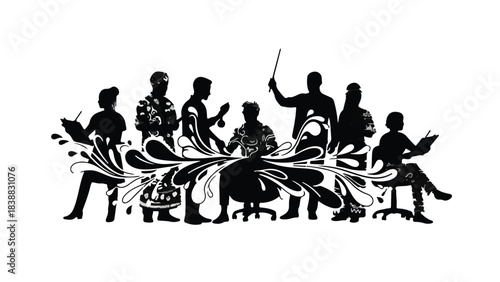 Silhouettes of diverse group of people sitting around a table with floral design