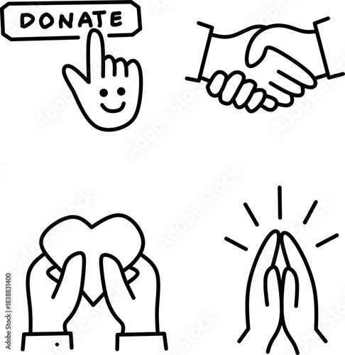 line charity icons set showing donate button, handshake, heart in hands, and praying hands on white background.