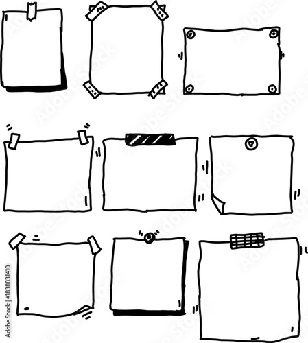 Hand-drawn sticky note frames in black doodle style with tape and thumbtack details. Perfect for planners, scrapbooks, reminders, stationery, and design projects
