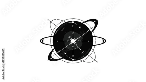 Minimalist illustration of a planet with orbiting rings